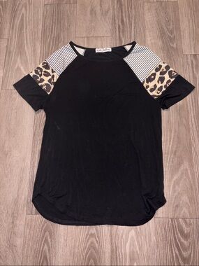 feathers Black Tee with Striped and Leopard Sleeve Accents